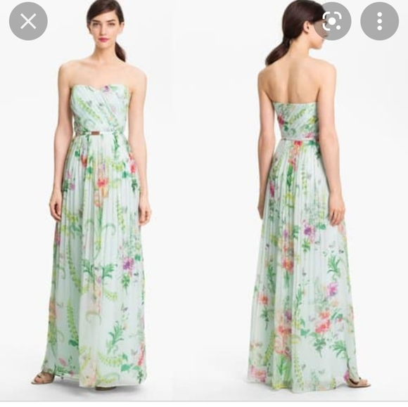 Ted Baker Mint Green Floral Strapless Maxi Dress. Size 3 UK 8 US